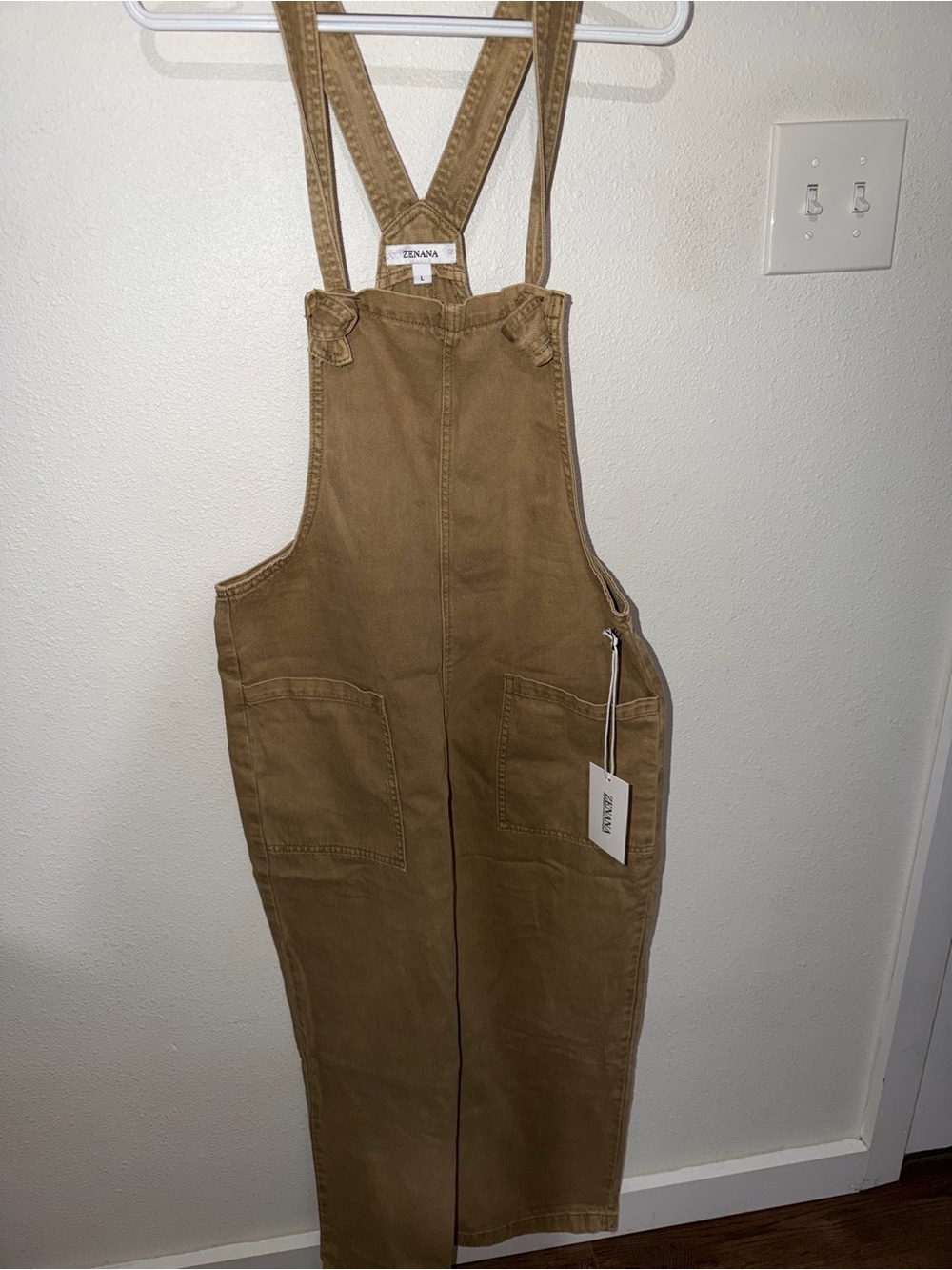 Zenana Outfitters Tan Wide-Leg Denim Overalls NWT - Picture 2 of 12
